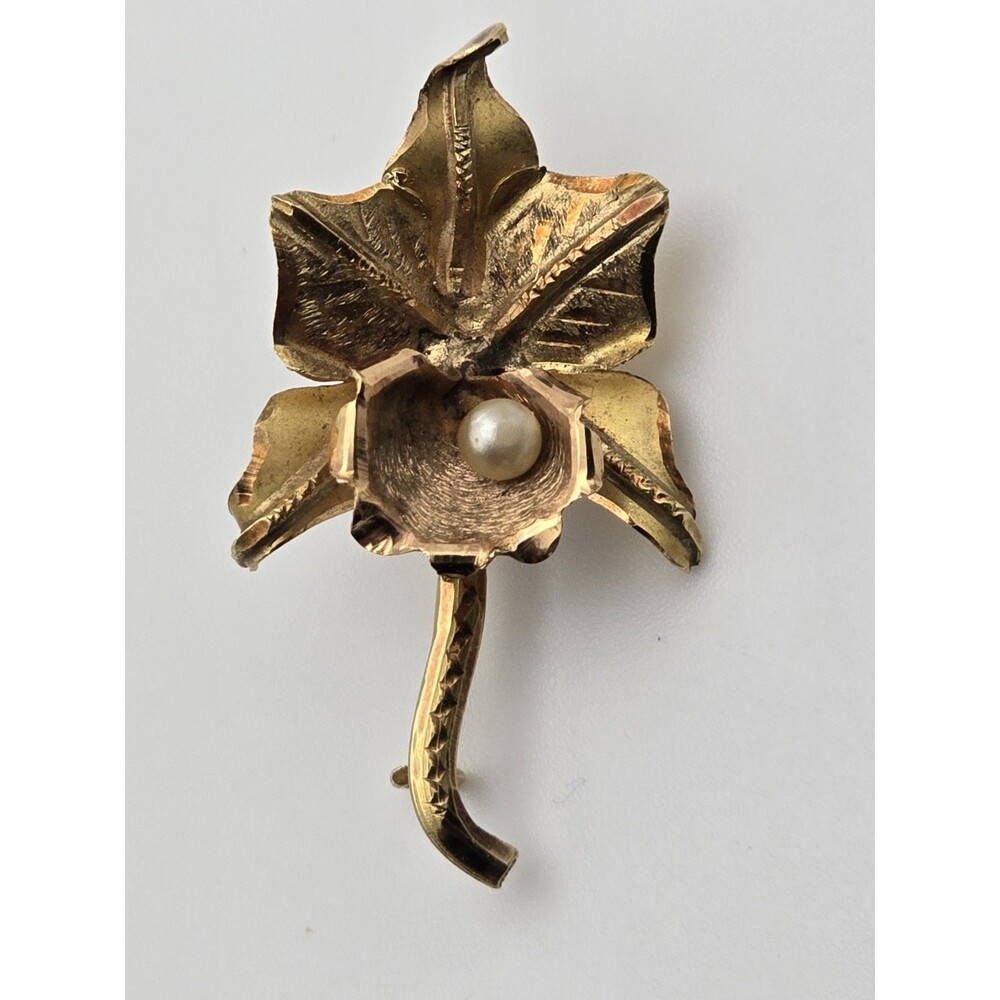 Vintage 18K Gold Orchid Brooch And Pearl, Finely Detailed – Mid-Century Floral